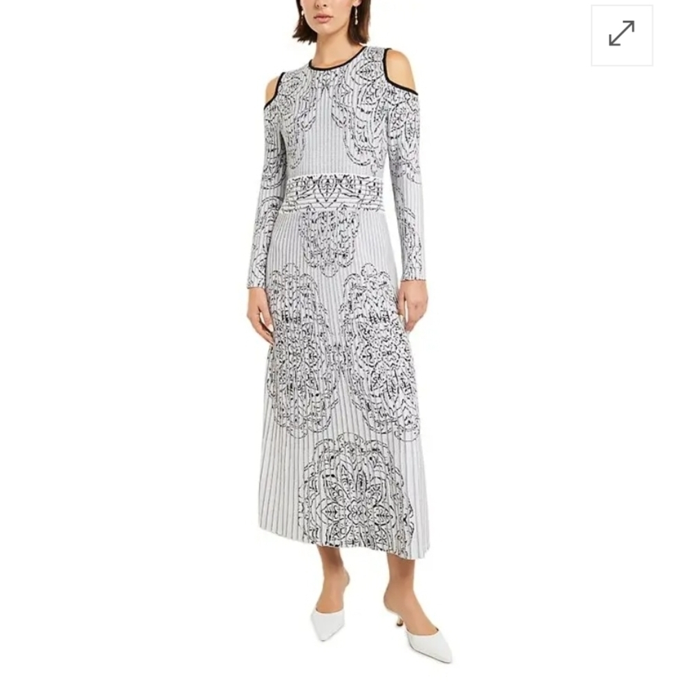 Misook Black White Cold Shoulder Knit Midi Dress XS (5845)